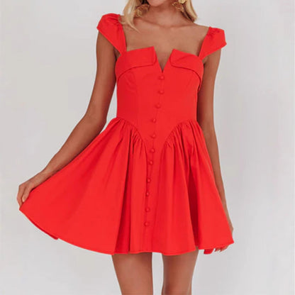 Women's Short-Sleeved Dress – Fitted Bodice – Pleated A-Line Skirt – Breathable Material