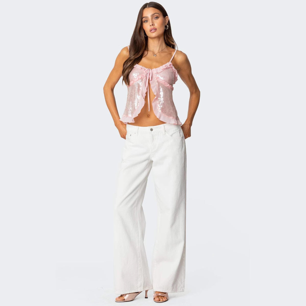 Women's Halter Crop Top – Sequins – Tight-fitting – Ruffle Edge – Tie String