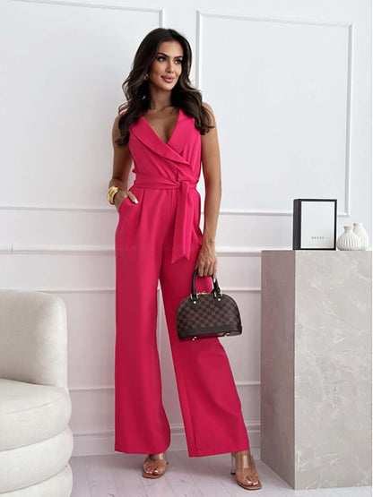 Women's Jumpsuit - Sleeveless V-neck - Wrap Design - Wide Legs - Elegant Fit