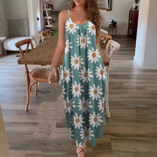 Dress for Women – Maxi Length – Loose Fit – Spaghetti Straps – Floral Print – Breathable Fabric