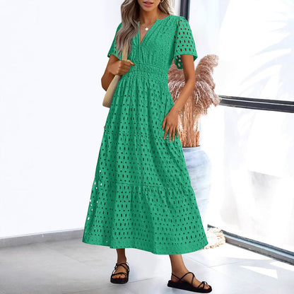 Women's Maxi Dress – Embroidered Lace – V-Neck – Short Sleeves – Loose Fit