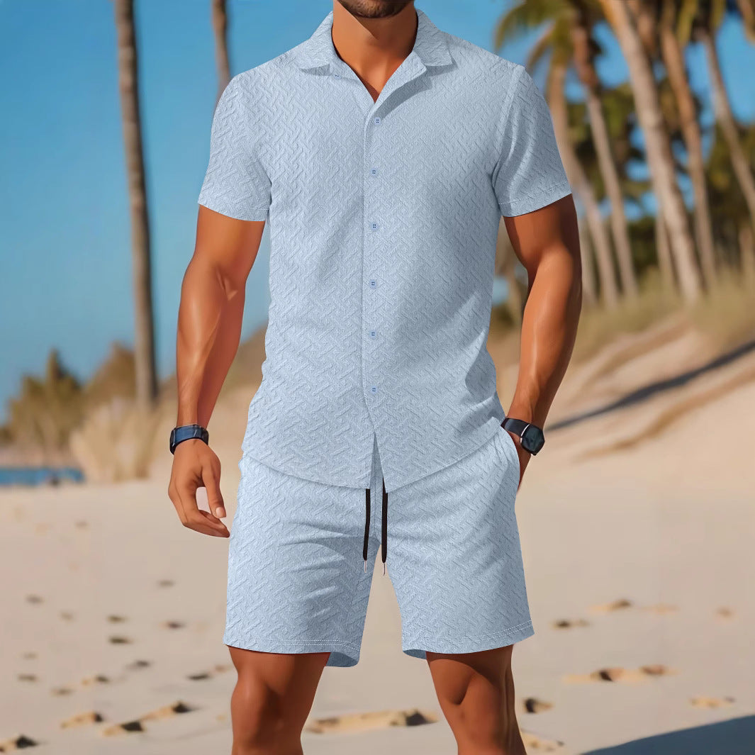 Men's Set with Shirt and Shorts – Slim Fit – Embossed Texture – Breathable Design