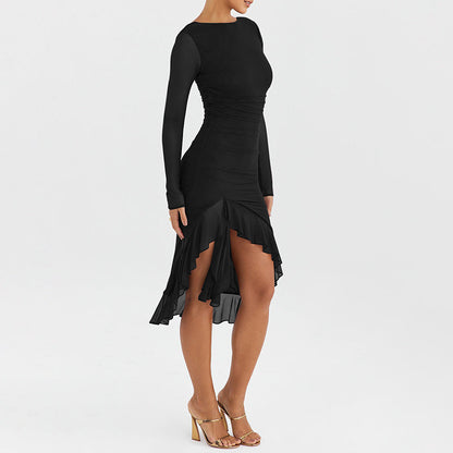 Women's Evening Dress – Slim Fit – Transparent Long Sleeves – Asymmetric Ruffle Hem