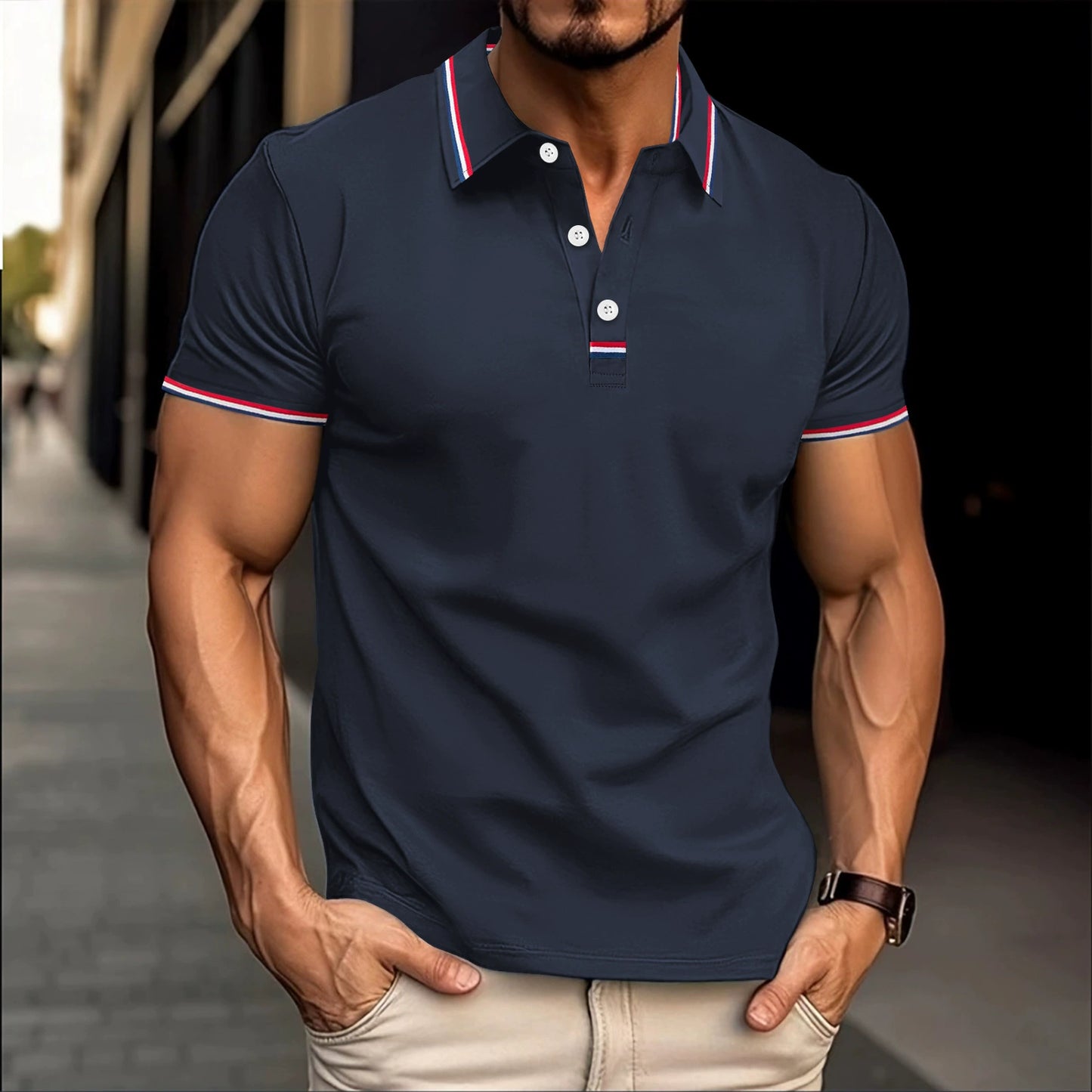 Men's Polo - Classic Design - Button Closure - Contrast Rib Collar - Embroidered Logo
