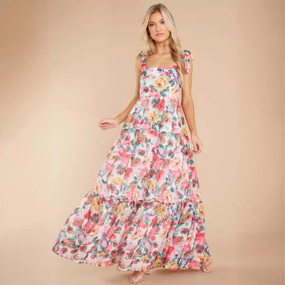 Women's Maxi Dress – Sleeveless A-Line – One Shoulder – Floral Print – Layered Cotton