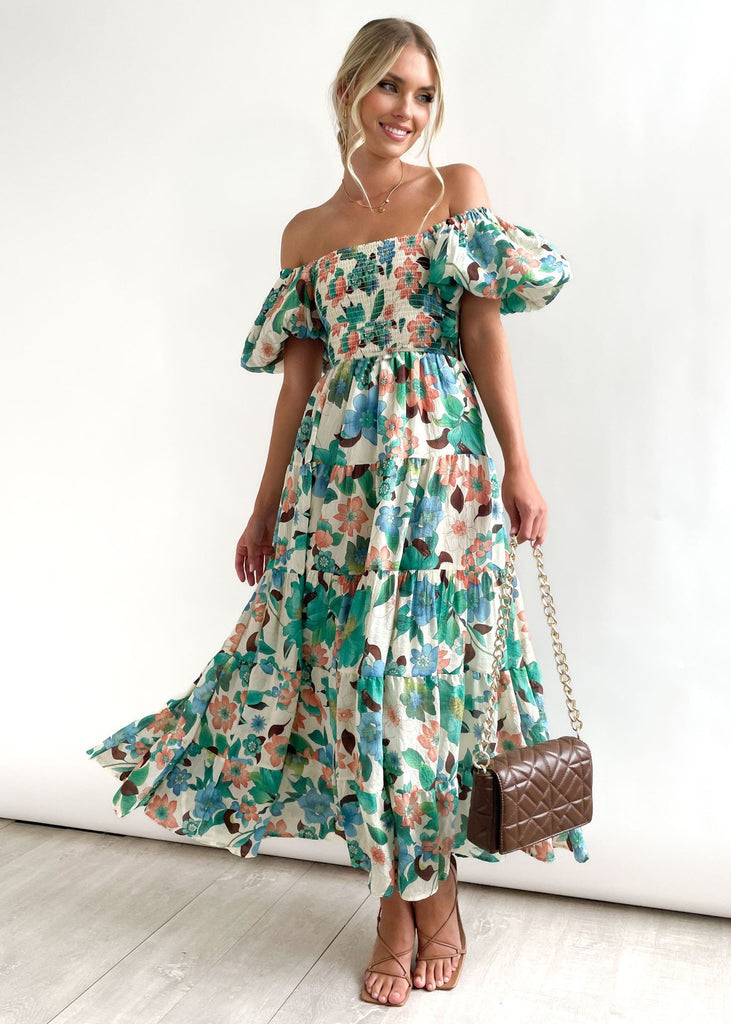 Women's Maxi Dress – Off Shoulder – Smocked Bodice – Tiered Skirt – Light and Breathable