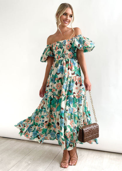 Women's Maxi Dress – Off Shoulder – Smocked Bodice – Tiered Skirt – Light and Breathable