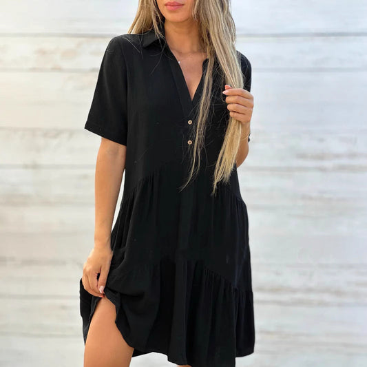 Women's Swing Dress – Natural Fibers – Relaxed Fit – Short Sleeve – Button Closure