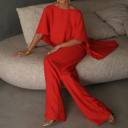 Women's Two-Piece Set – Asymmetric Sleeveless Top – Wide Pants – Elegant Fit