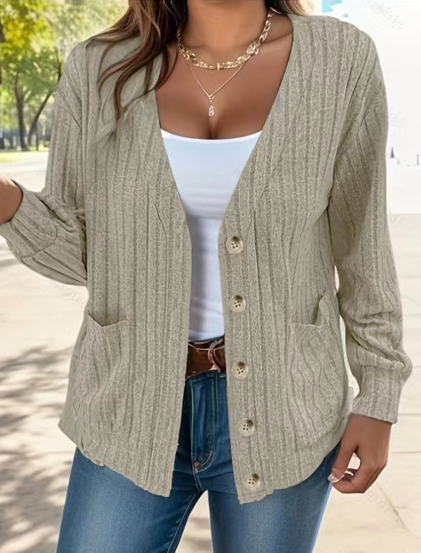 Women's Cardigan – Relaxed Fit – Ribbed Knit – Button Closure – Hip Length – Pockets