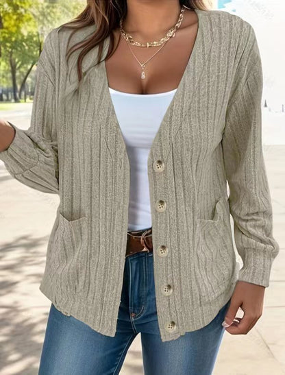 Women's Cardigan – Relaxed Fit – Ribbed Knit – Button Closure – Hip Length – Pockets