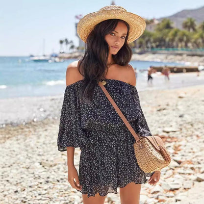 Women's Dress – Off Shoulder – Elastic Waist – Ruched Sleeves – Striped Lightweight Fabric