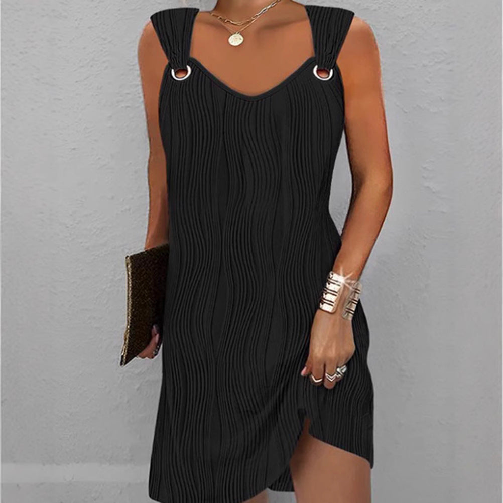 Dress for women – Slim fit mini – Soft knit – V-neck – Wavy pattern – Slit