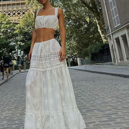 Women's Two-piece Set – Off Shoulder Crop Top – High Waist Layered Maxi Skirt