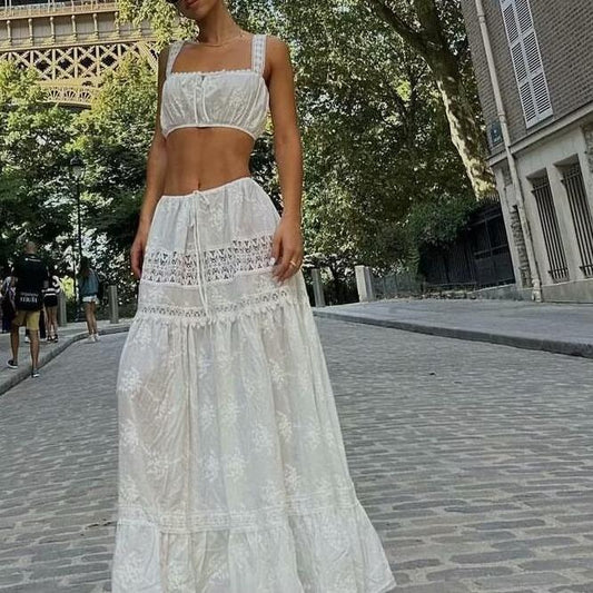 Women's Two-piece Set – Off Shoulder Crop Top – High Waist Layered Maxi Skirt