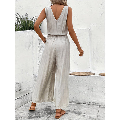 Women's Jumpsuit – Relaxed Fit – Sleeveless – Button Closure – Wide Legs – Natural Fibers