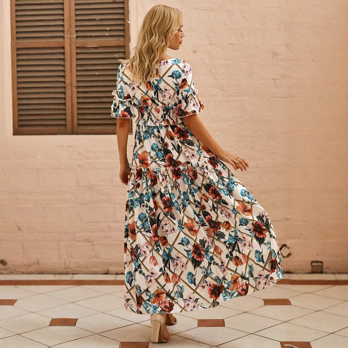 Women's Maxi Dress – Smocked Bodice – Flutter Sleeves – Tiered Skirt – Airy Fit