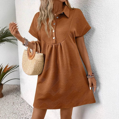 Women's Polo Dress – Relaxed Fit – Textured Fabric – Short Batwing Sleeves
