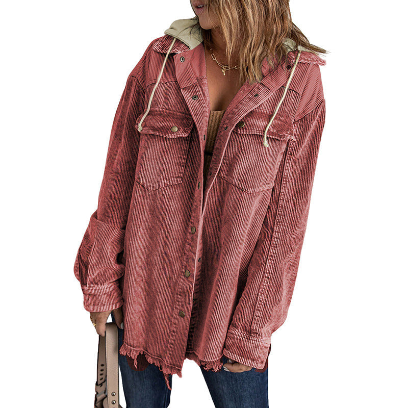 Women's Jacket with Hood – Oversized Fit – Corduroy Texture – Button Closure – Fringed Edge