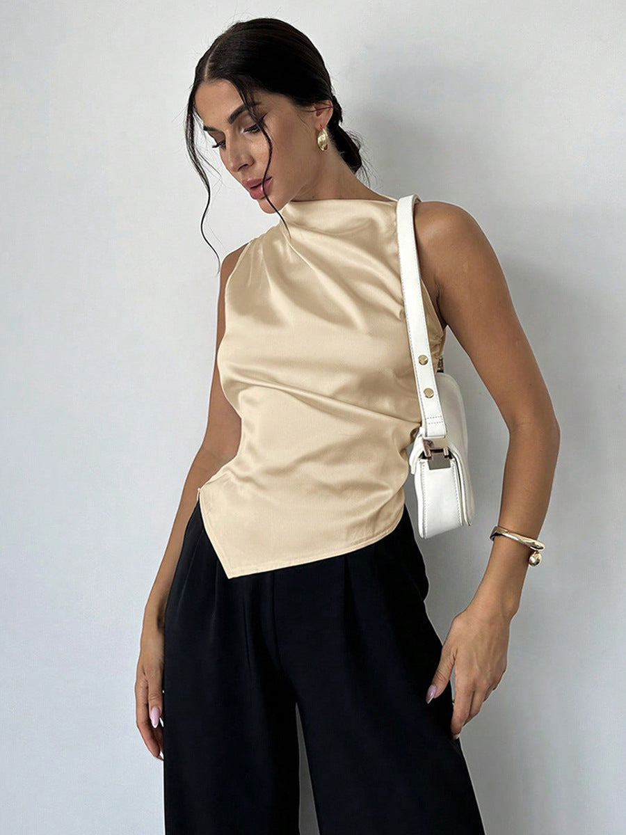 Women's Blouse – Slim Fit – Sleeveless – High Neck – Draped Front – Luxury Fabric