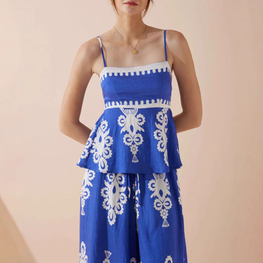Women's Set – Peplum Top with Spaghetti Straps – Wide Pants – Ethnic Print – Cotton Blend