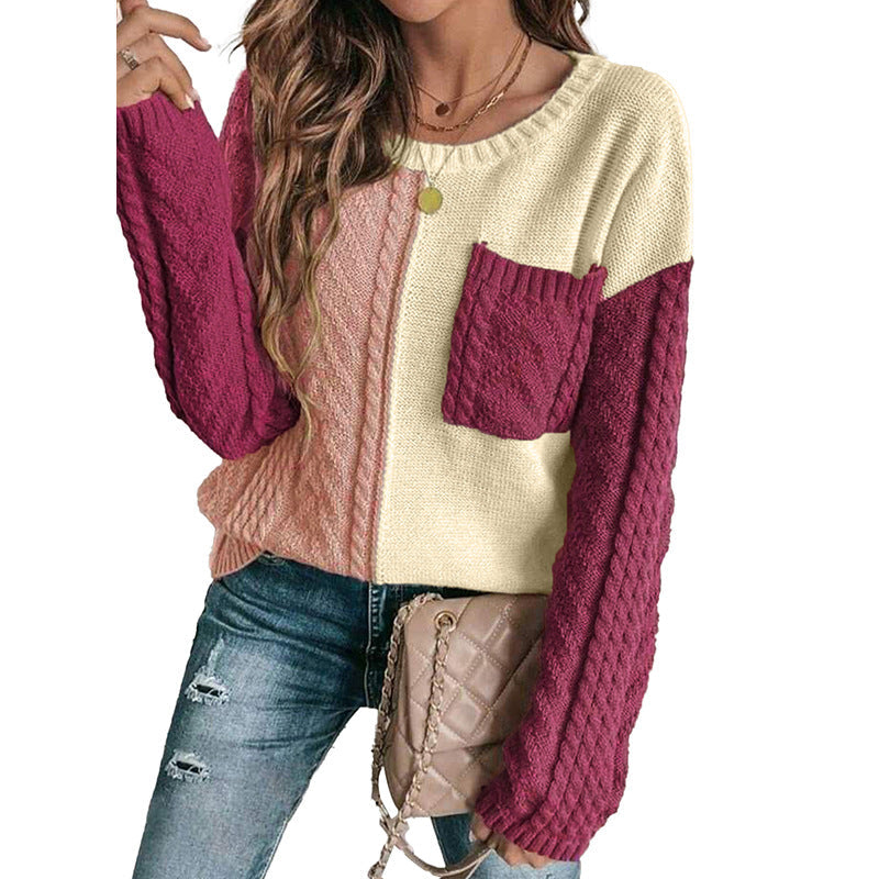 Women's Sweatshirt – Relaxed Fit – Cable Knit – Patch Pocket – Crew Neck – Colorblock