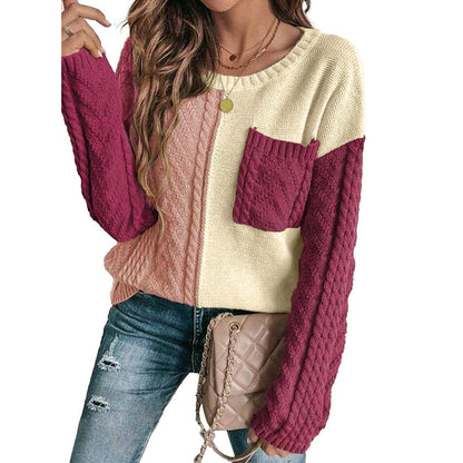 Women's Sweatshirt – Relaxed Fit – Cable Knit – Patch Pocket – Crew Neck – Colorblock