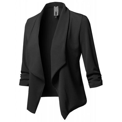 Women’s Draped Open-Front Blazer – Soft Knit – Waterfall Collar – 3/4 Sleeves