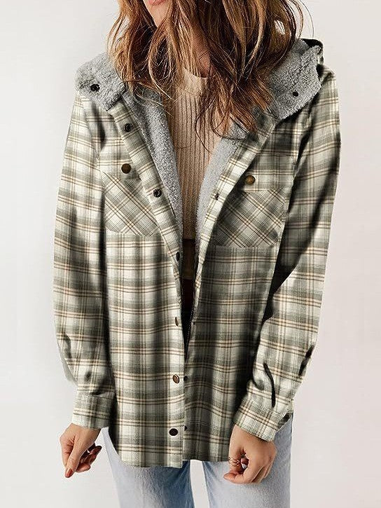 Women's Jacket – Wool Texture – Relaxed Fit – Button Closure – Hood – Checkered Pattern