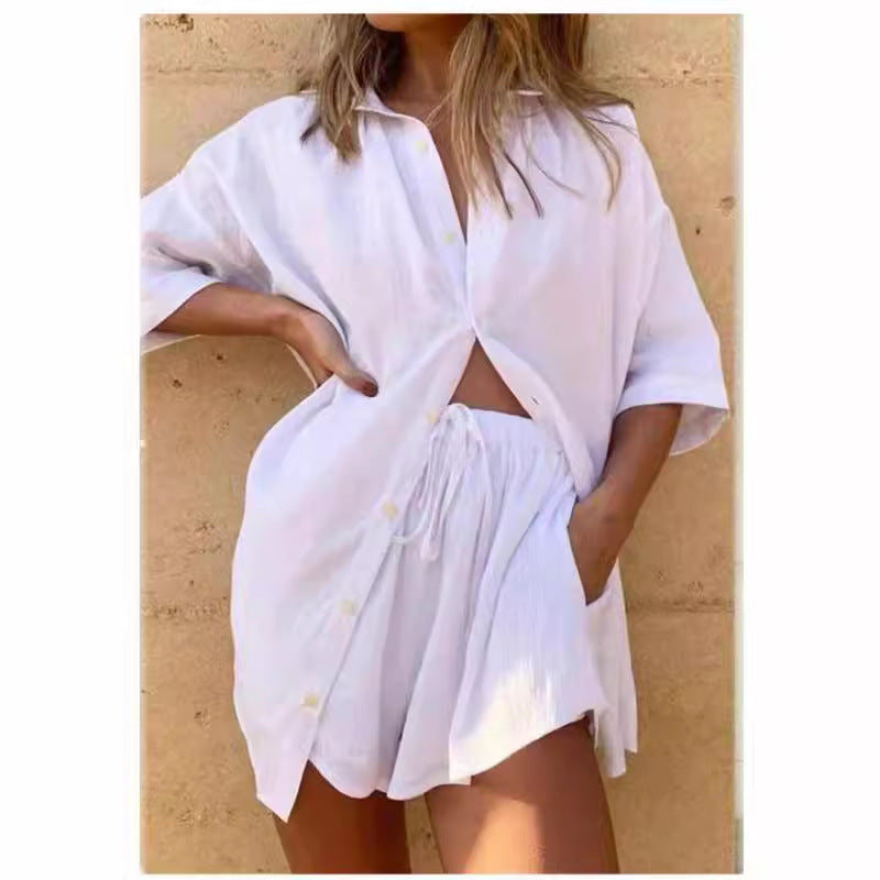 Women's Set with Shirt and Shorts – Oversized Fit – Natural Fibers – Casual Style