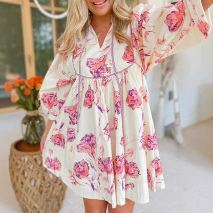 Women's Short Dress – Flowy Fit – Puff Sleeves – V-Neck – Defined Waist – Floral