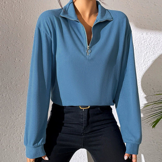 Women's Pullover Top – Relaxed Fit – Half Zipper – Soft Cotton Blend – Long Sleeves