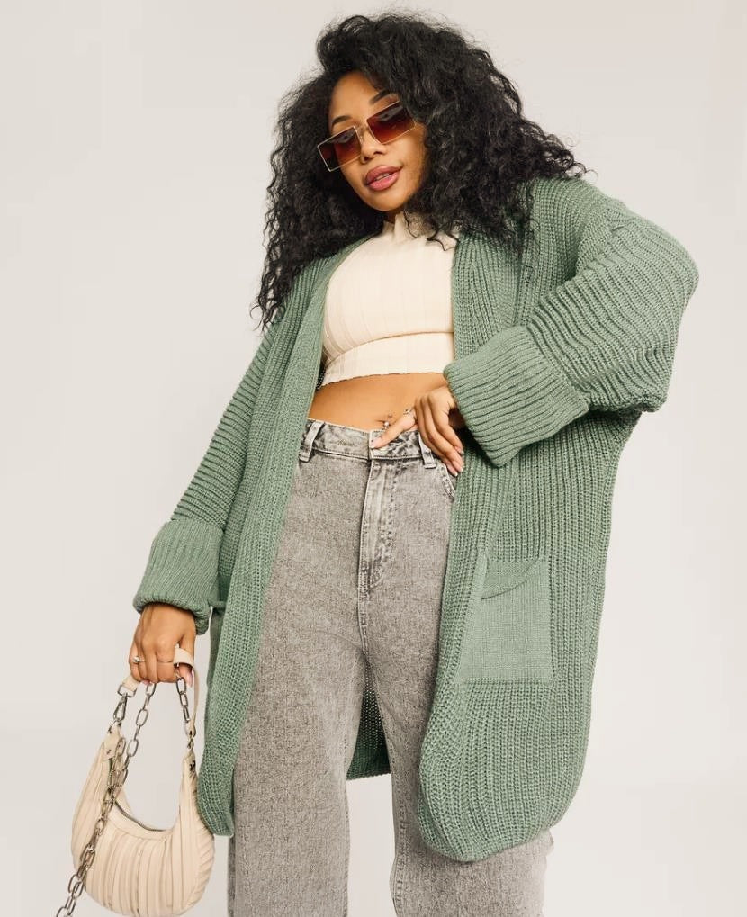 Women's Cardigan – Oversized Fit – Knit – Ribbed Sleeves – Pockets – Open Front