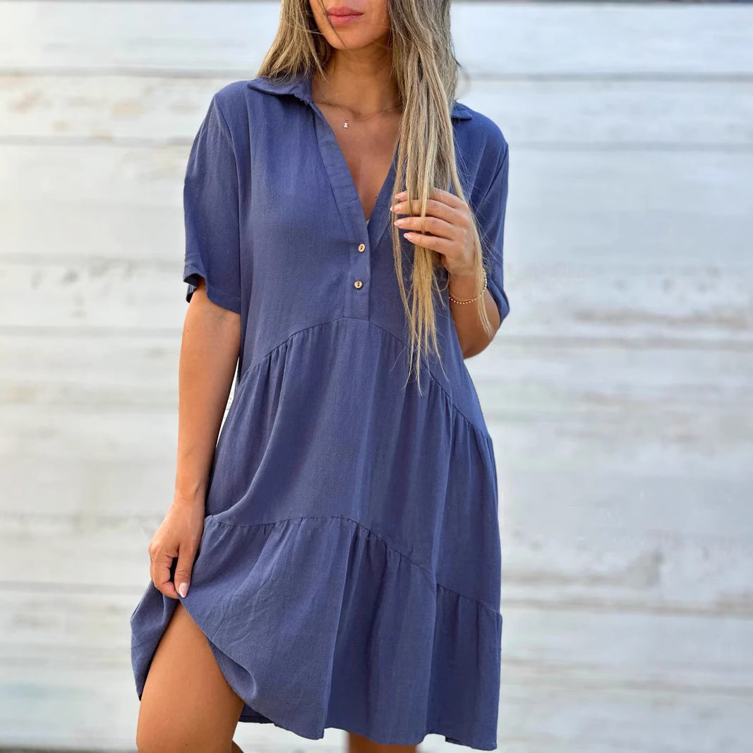 Women's Swing Dress – Natural Fibers – Relaxed Fit – Short Sleeve – Button Closure