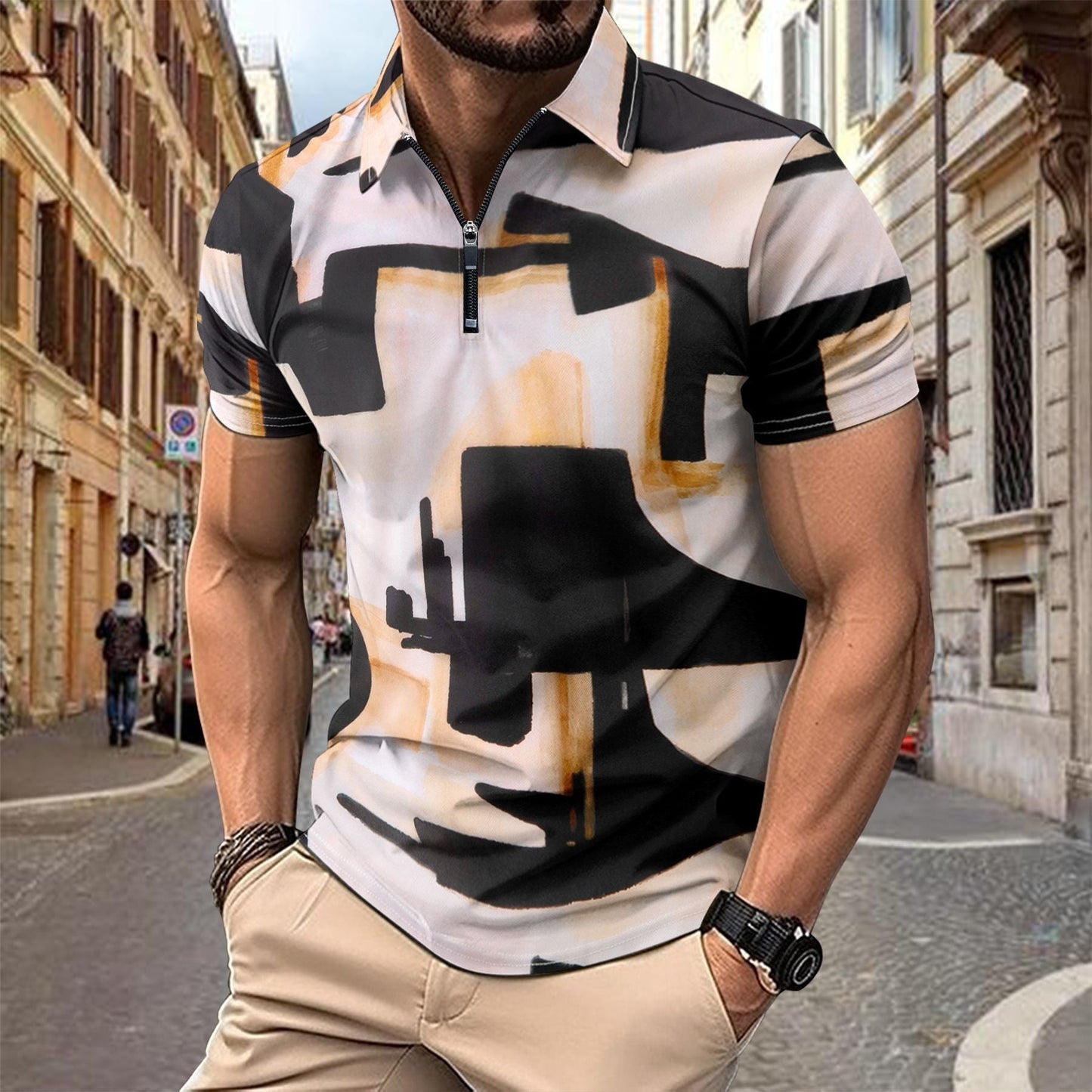 Men's Shirt with Short Sleeves – Slim Fit – Breathable – Zip Neck – Modern Print