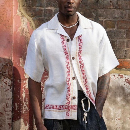 Men's Shirt with Short Sleeves – Relaxed Fit – Embroidery – Light Linen Blend