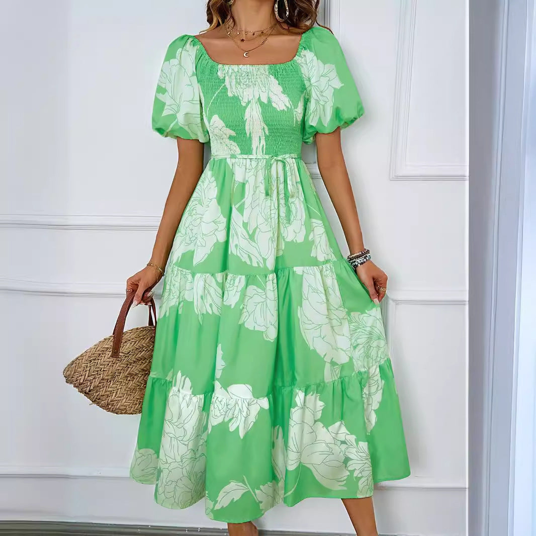 Dress for Women – Off-shoulder Midi – A-line Fit – Puff Sleeves – Shirred Bodice