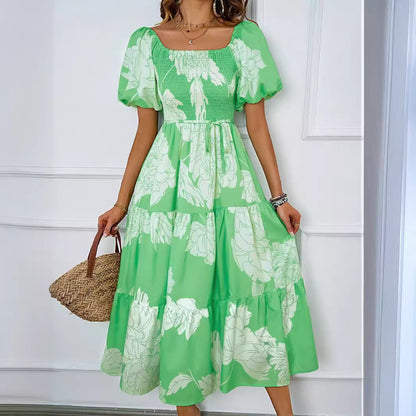 Dress for Women – Off-shoulder Midi – A-line Fit – Puff Sleeves – Shirred Bodice