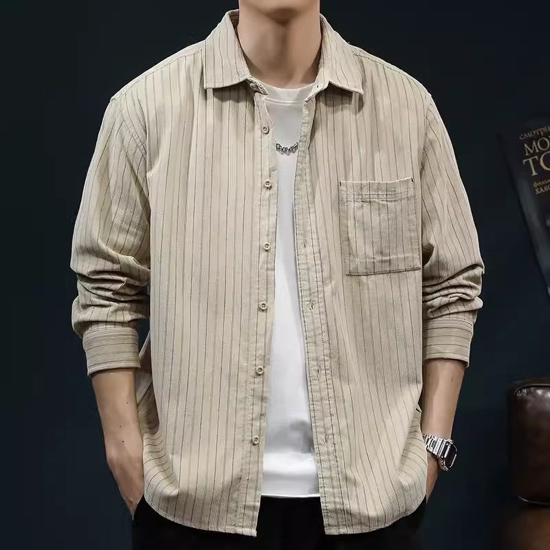 Men's Shirt with Long Sleeves – Relaxed Fit – Striped Cotton – Button Closure