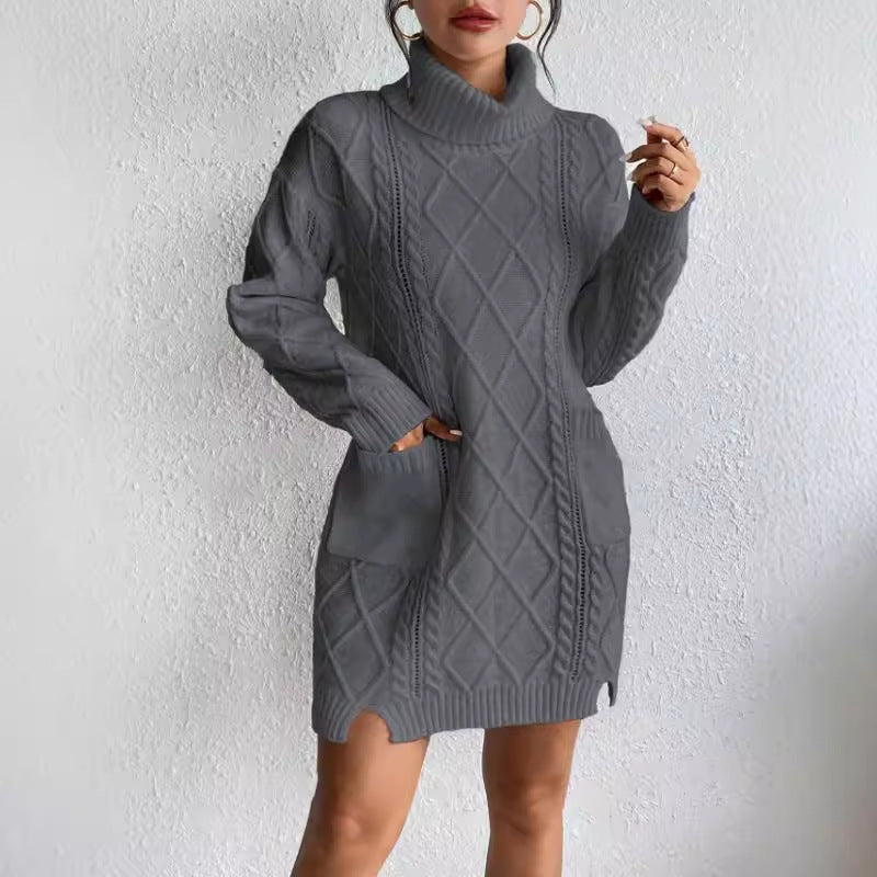 Women's Knit Dress – Slim Fit – Cable Knit – High Neck – Long Sleeves – Ribbed Hem