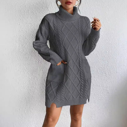 Women's Knit Dress – Slim Fit – Cable Knit – High Neck – Long Sleeves – Ribbed Hem