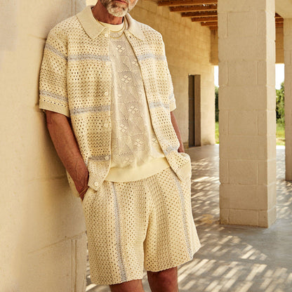Men's Set with Cardigan and Shorts – Relaxed Fit – Breathable Open Knit
