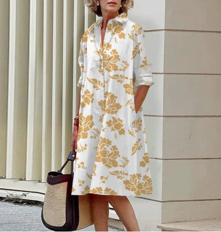 Women’s Shirt Dress – Artistic Floral Print – Relaxed Fit – Button Front – Pocket Detail