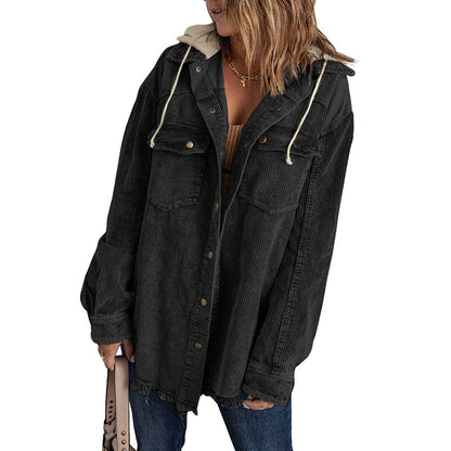 Women's Jacket with Hood – Oversized Fit – Corduroy Texture – Button Closure – Fringed Edge
