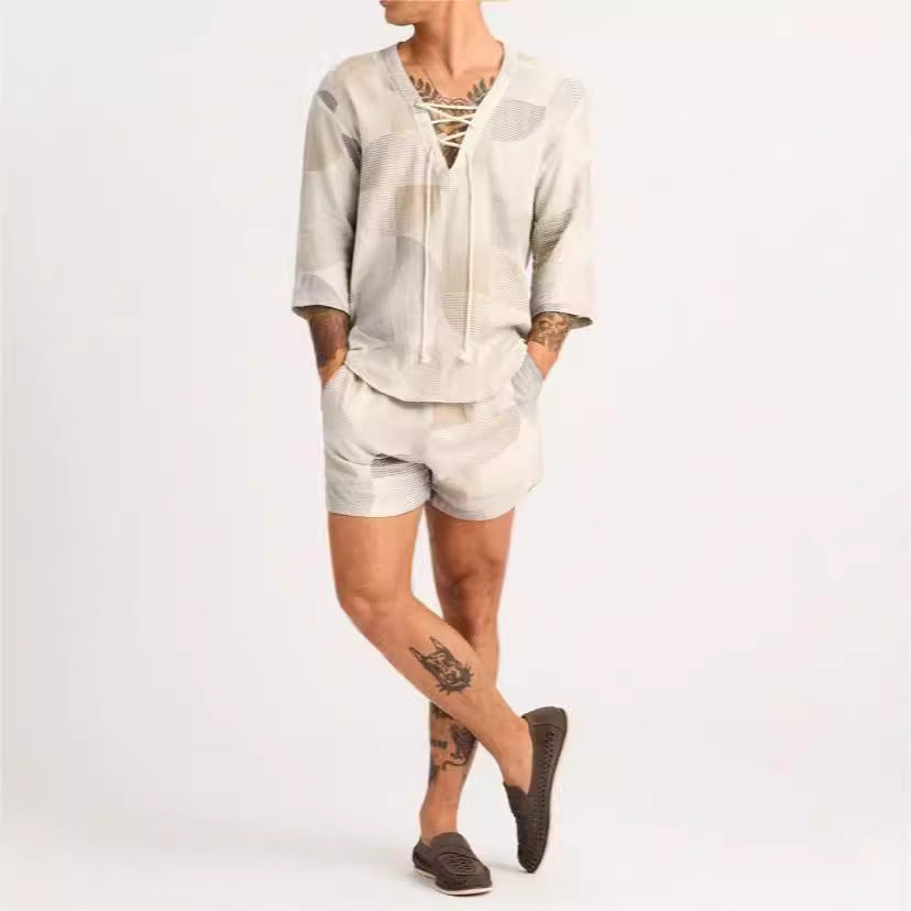 Men's Set – Relaxed Fit – Soft Breathable Fabric – Drawstring Shirt & Shorts