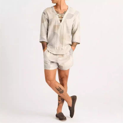 Men's Set – Relaxed Fit – Soft Breathable Fabric – Drawstring Shirt & Shorts
