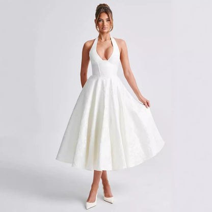 Dress for Women – Ruffle Maxi Dress – Jacquard – V-Neck – Halterneck – Tie Detail