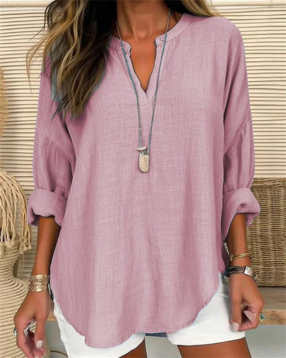 Women's Shirt with Long Sleeves – Relaxed Fit – Cotton Linen – Stand Collar V-neck