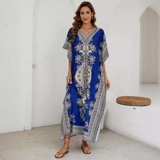 Dress for Women – Maxi Dress with Loose Fit – V-Neck – Short Wide Sleeves – Elegant Pattern Design
