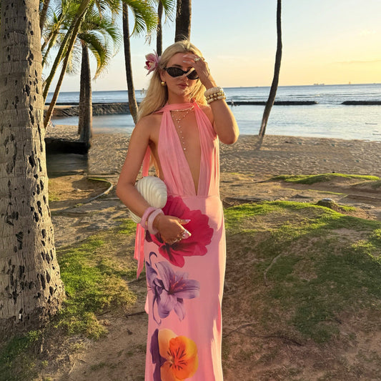 Women's Maxi Dress – Slim Fit – Mesh – Halterneck – Deep V-neck – Floral Print